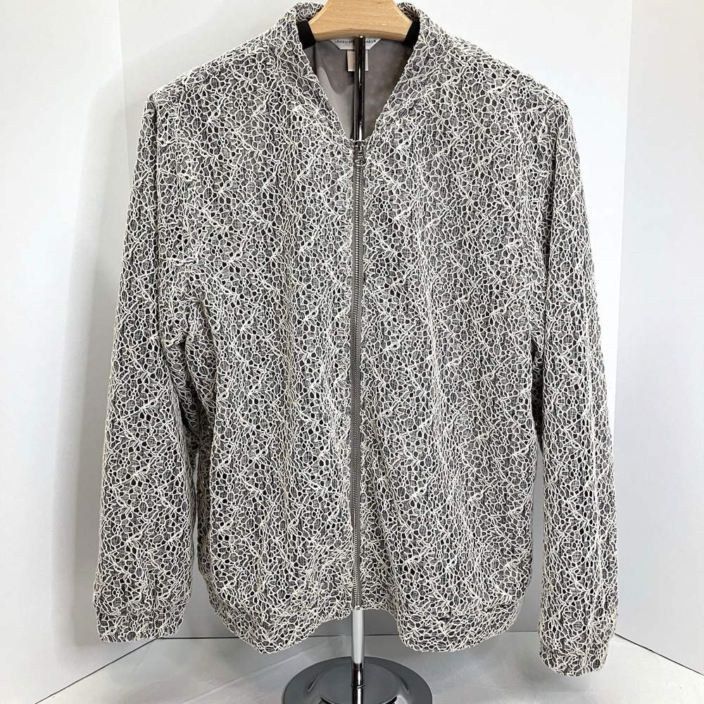 Christopher & Banks Womens White & Gray Lace Mock Neck Lined Full Zip Jacket‎ L